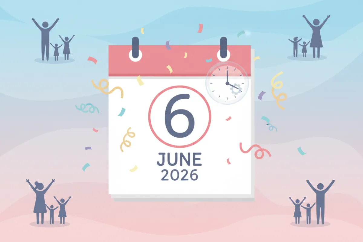 A cheerful illustrated calendar page marked June 6, 2026, with playful confetti and a clock overlay, set against a soft pastel background. Family silhouettes in the corners emphasize the upcoming event.
