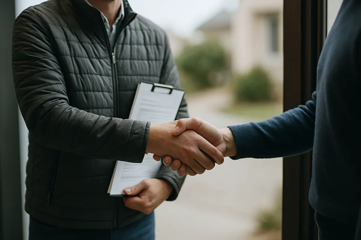 Handshake between seller and buyer at the doorstep with documents visible