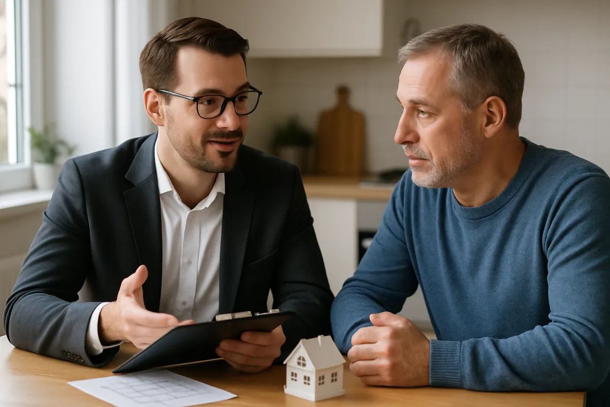 Real estate specialist discussing options with a homeowner at a kitchen table