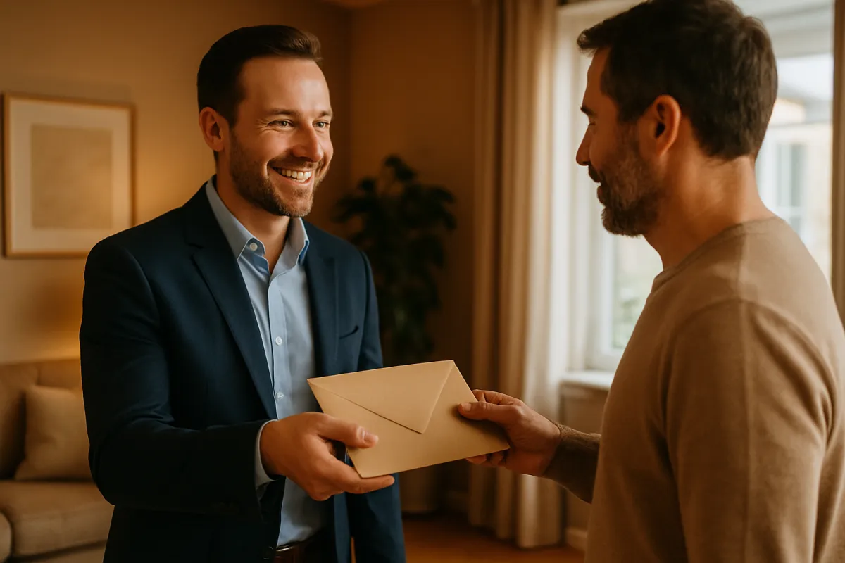Agent handing an envelope to a homeowner inside a living room