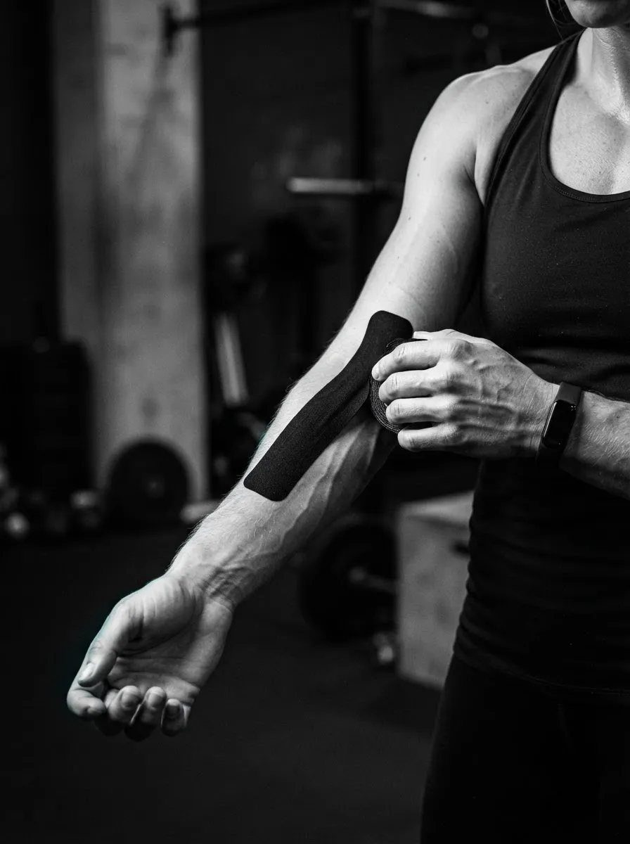 Vendaje articular neuromuscular de manos antes de entrenamiento de boxeo en blanco y negro