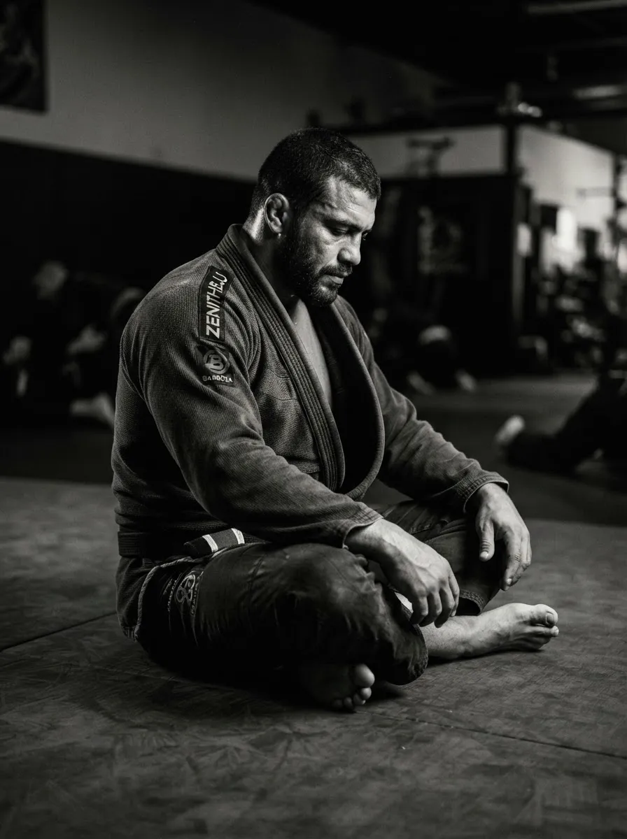 Atleta de Brazilian Jiu-Jitsu en combate sobre tatami en blanco y negro de alto contraste