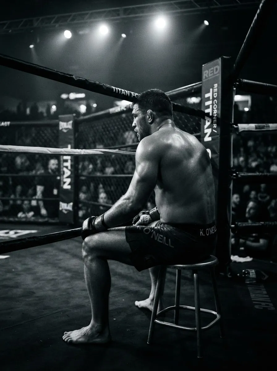 Luchador de MMA preparándose en el rincón del octágono con iluminación dramática B&W