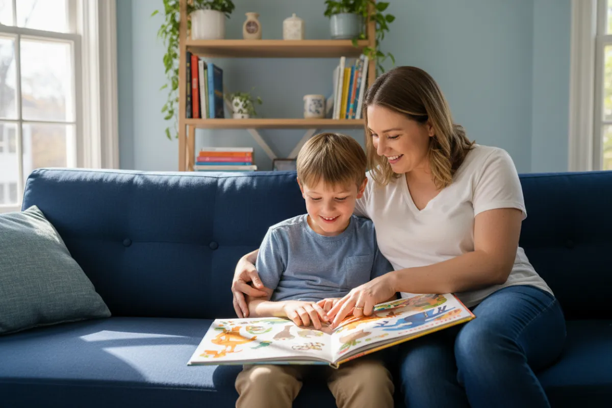 A mother and her son, both with light brown hair, sit together on a navy sofa in a sunlit living room, reading a colourful book. The boy, aged around 10, is smiling and engaged, while the mother gently guides his attention. The background features soft blue walls and a shelf with books and plants, creating a calm, inviting atmosphere.