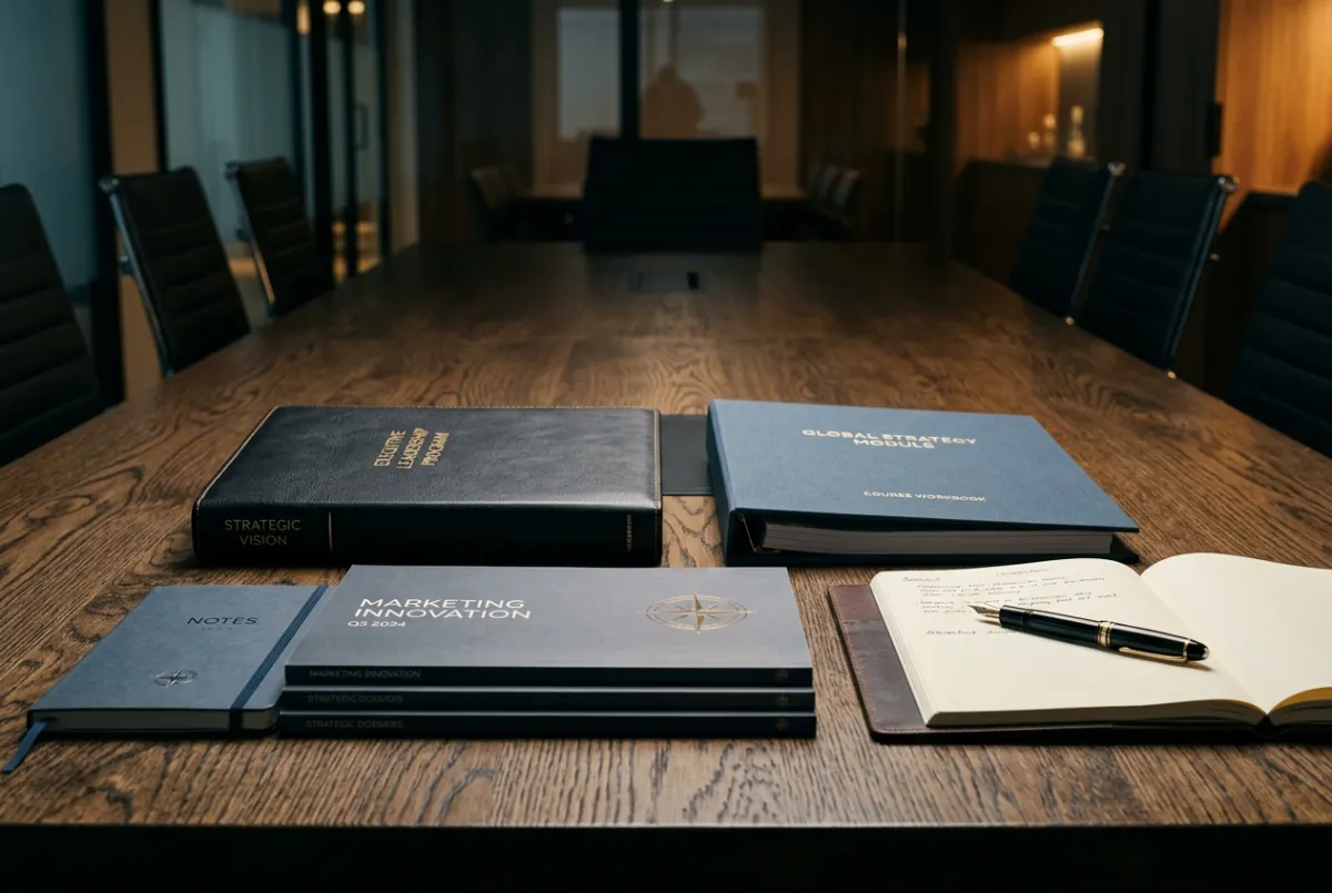 Desaturated architectural scene of an executive boardroom table with strategic dossiers