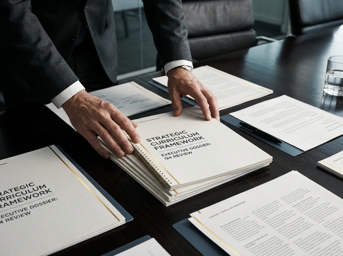 Desaturated executive boardroom analysis and curriculum strategy framework