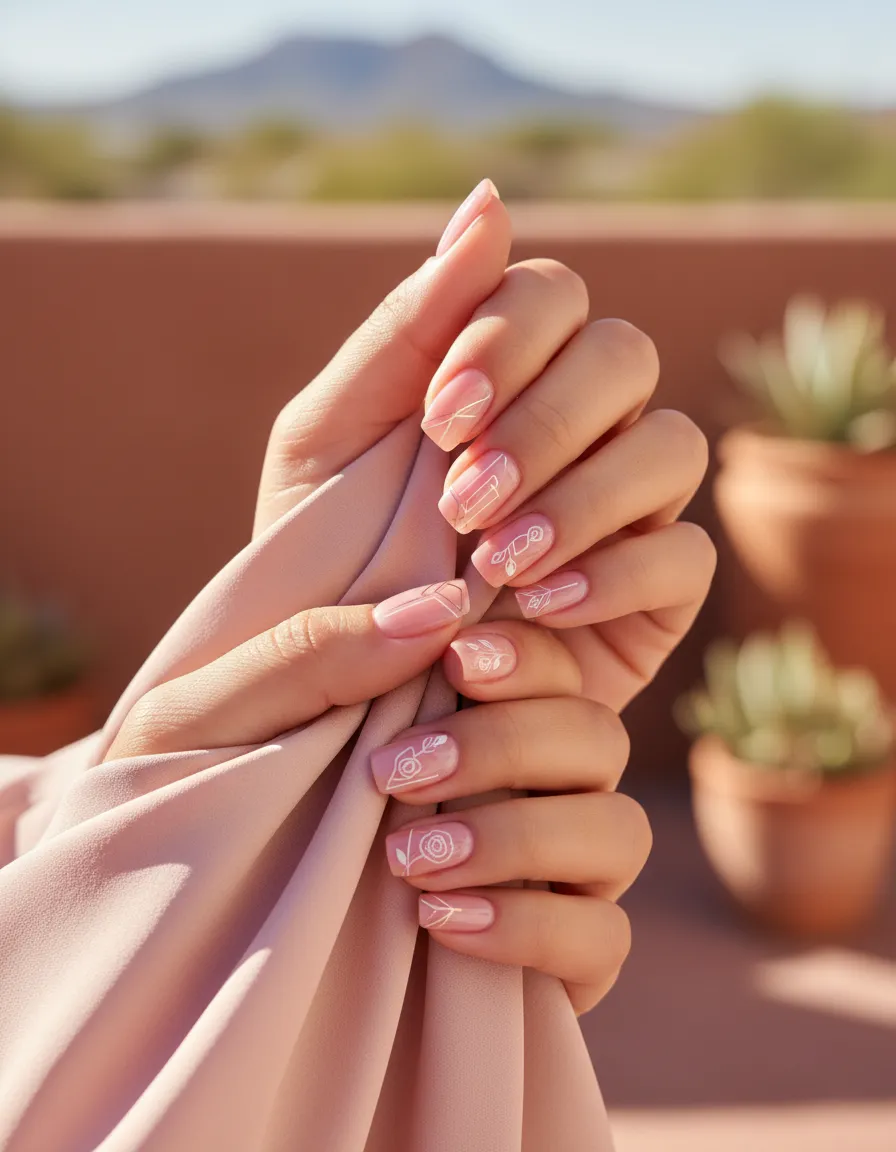 Nail art set with rose tones and fine line detail