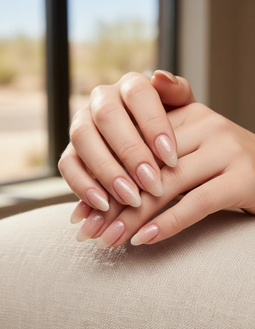 Neutral acrylic full set with subtle shimmer