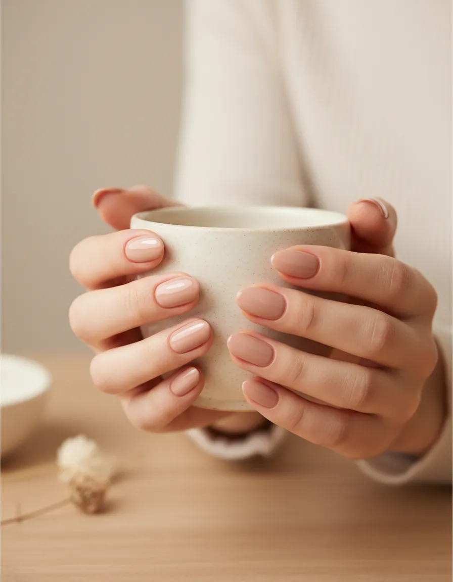 Finished manicure with glossy nude polish