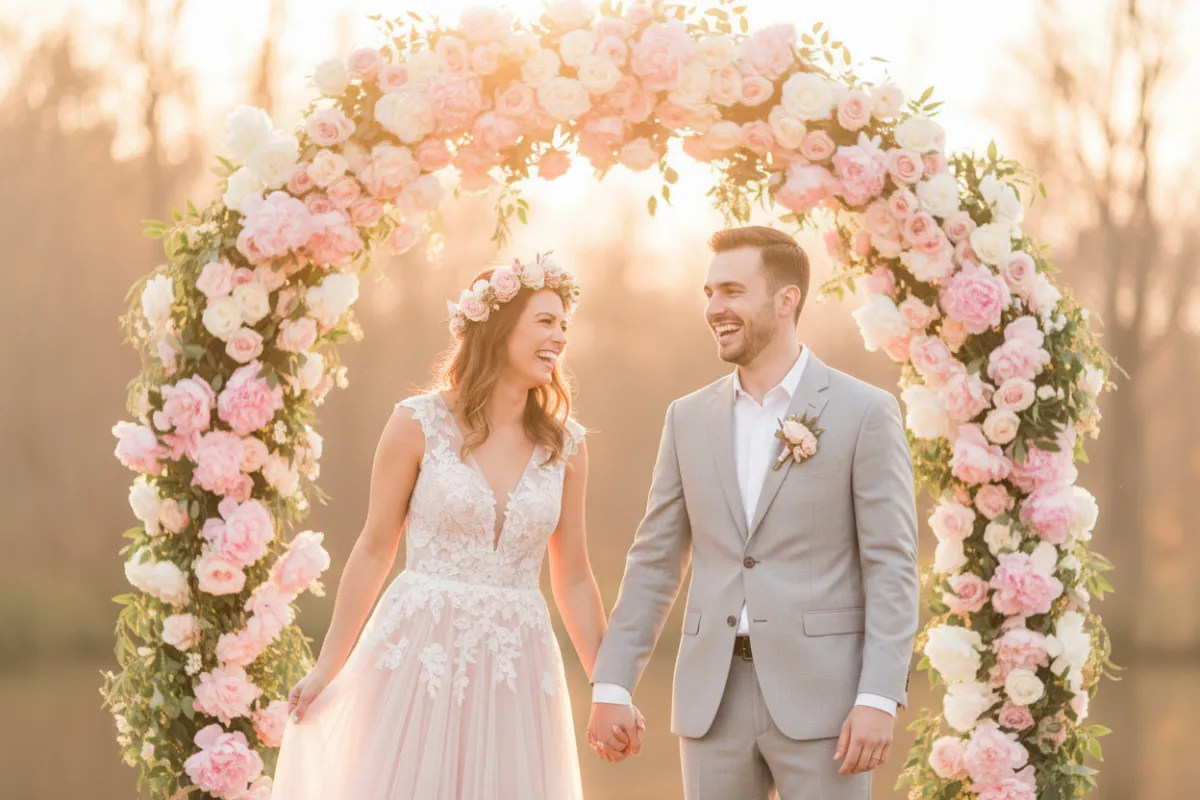 A romantic outdoor wedding scene at golden hour, featuring a couple holding hands and laughing, surrounded by soft pink and white florals. The background is blurred with gentle sunlight, evoking warmth and intimacy. The image uses pastel tones and soft focus for a dreamy, cinematic effect.