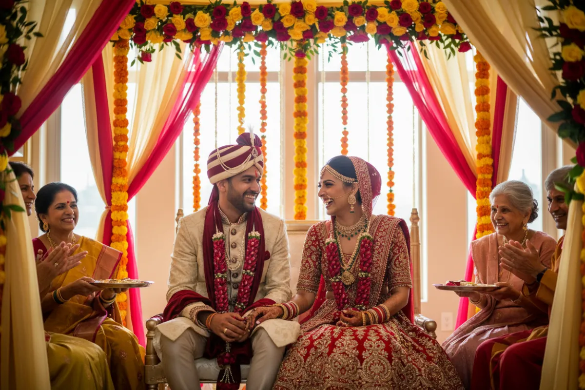 Bride and groom in traditional attire sharing a joyful moment during a cultural wedding ceremony, surrounded by vibrant decorations and family members, with soft natural lighting and a warm, inviting atmosphere.