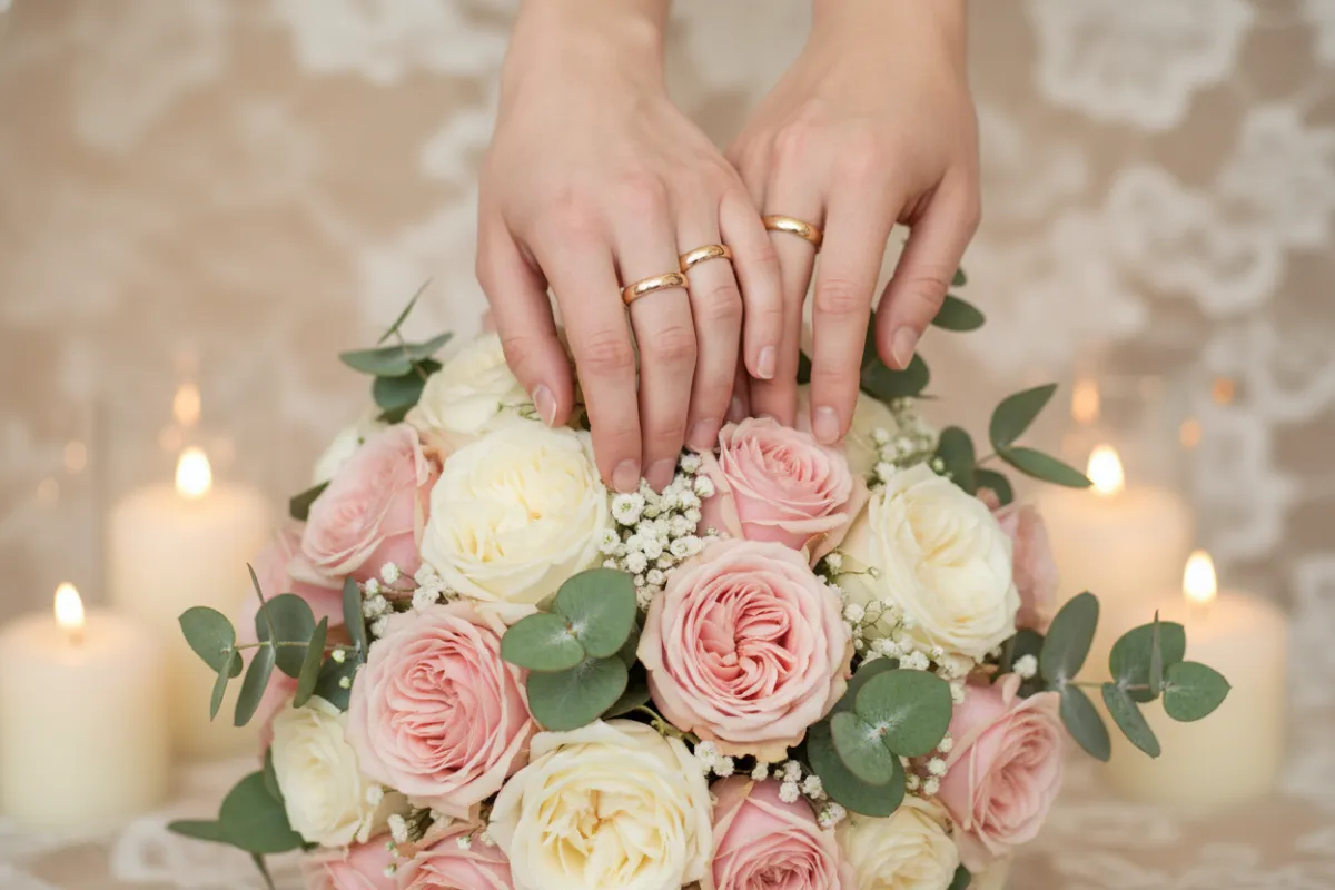A close-up of intertwined hands with wedding rings, resting gently on a bouquet of blush and ivory roses. The background is softly blurred, with delicate lace and subtle candlelight, evoking romance and anticipation.