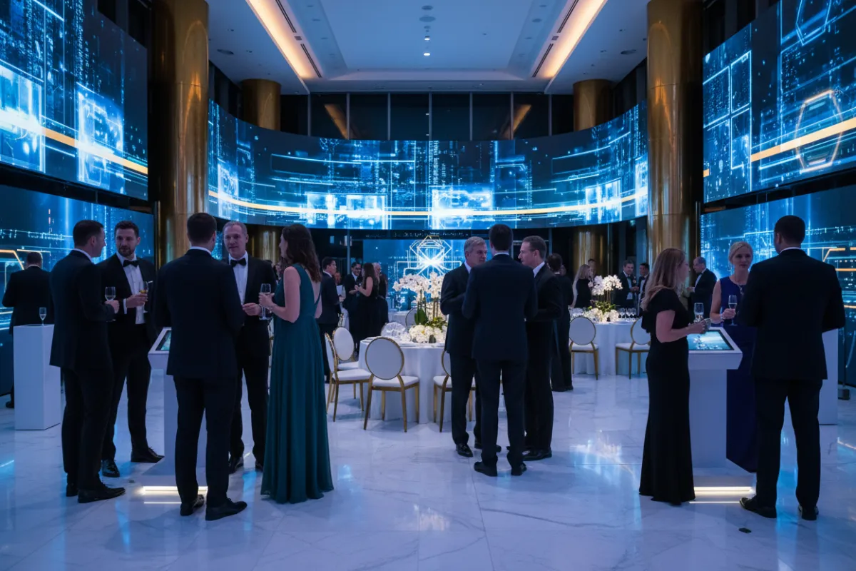 A corporate gala in a grand ballroom, with immersive lighting, branded digital installations, and elegantly dressed professionals networking. The space is modern, with sleek white and gold accents, and the mood is vibrant and sophisticated.