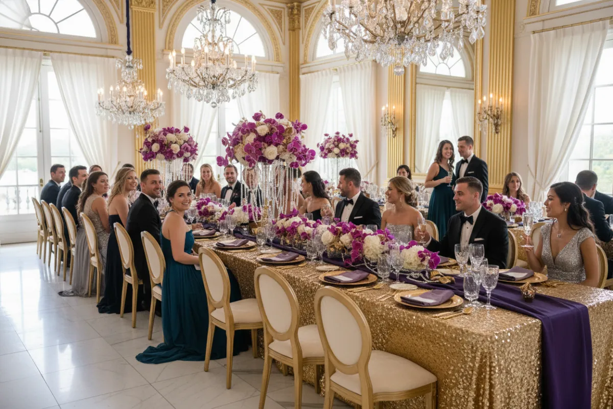 A lavish wedding reception scene featuring gold and purple table settings, crystal chandeliers, and lush floral centerpieces. The room is filled with natural light, and guests in formal attire are enjoying the elegant atmosphere, highlighting luxury and attention to detail.