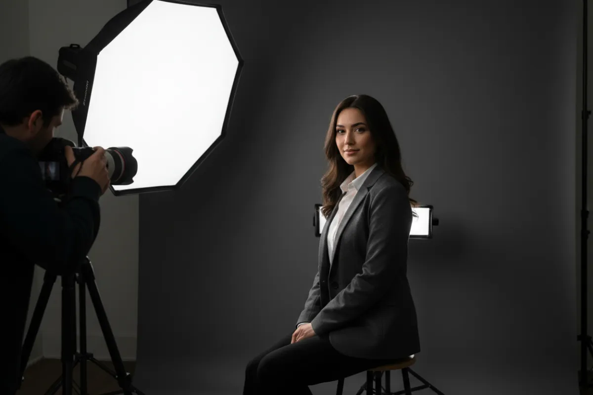 3:2 portrait-style production still showing a professional headshot session: softbox lighting, neutral backdrop, subject angled to camera, crisp focus on eyes, clean corporate photographic style for consistent headshots.