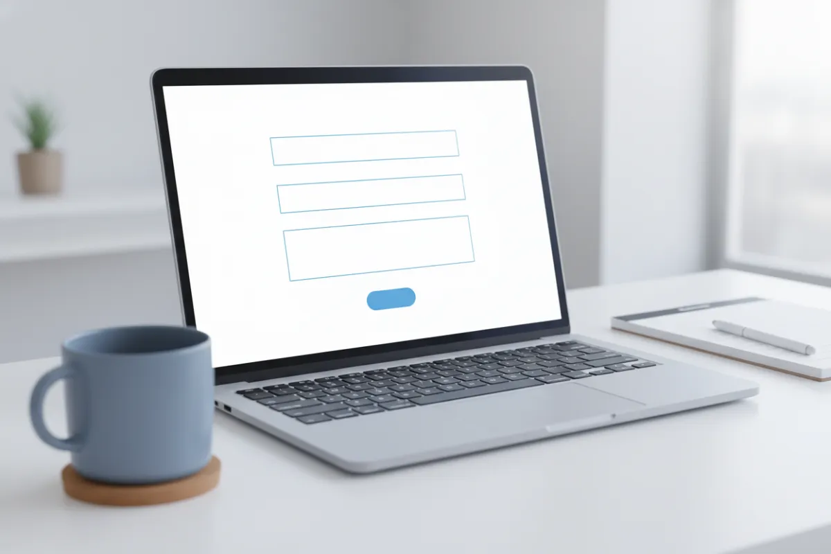 A digital illustration of a contact form interface on a laptop screen, with fields for name, organization, and project details. The workspace is neat, with a coffee mug and notepad nearby, and soft blue tones dominate the scene. The image conveys clarity, professionalism, and ease of use.