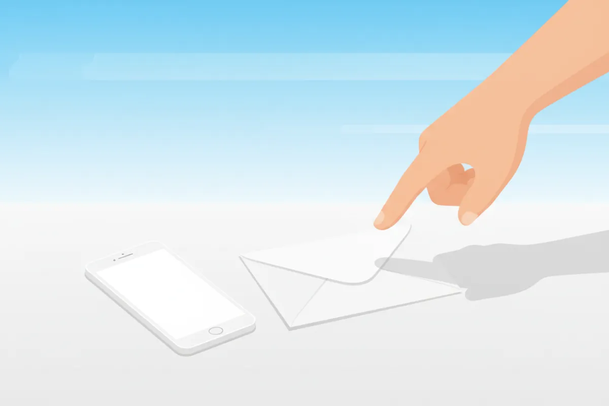 A flat illustration of a smartphone and envelope on a desk, with a hand reaching for the phone. The background features subtle blue and white gradients, and the scene suggests accessibility and multiple communication options. The style is modern and approachable, with crisp lines and soft shadows.