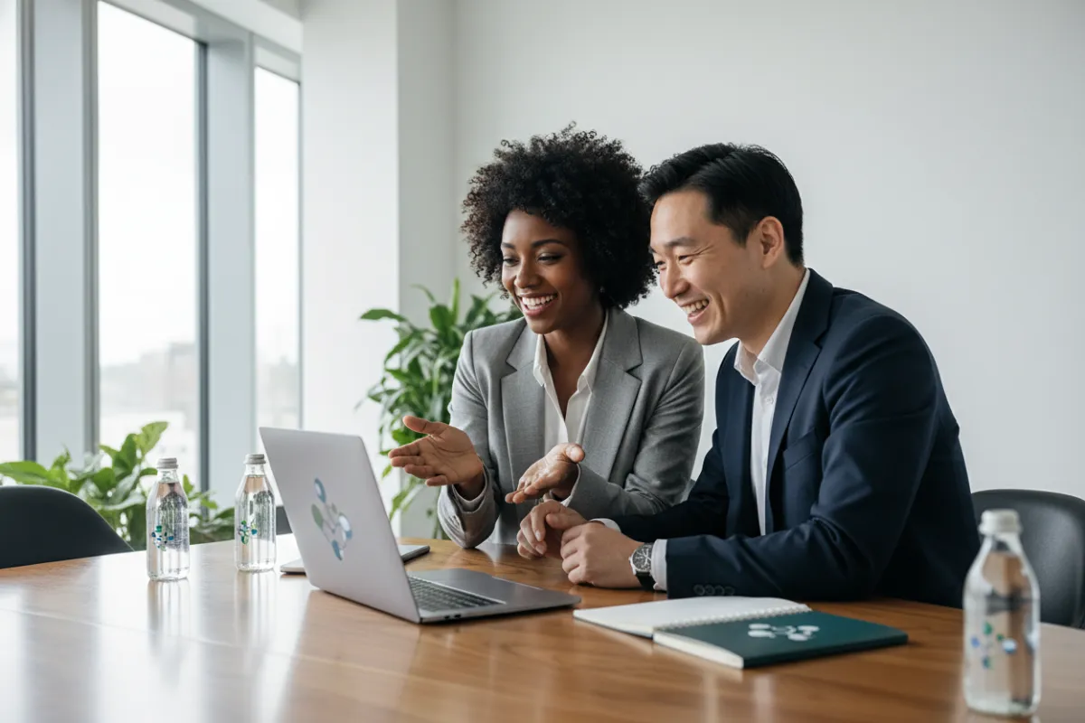A nonprofit executive and a corporate manager reviewing a video on a laptop in a bright conference room, both smiling, diverse backgrounds, modern workspace, natural daylight, subtle branded materials on table.