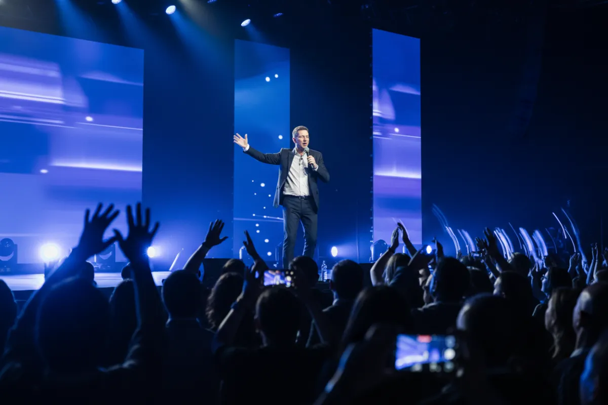 High-energy 3:2 event photograph: a keynote speaker on stage beneath blue stage lighting, crowd silhouettes in foreground, crisp motion bokeh, photorealistic documentary feel emphasizing scale and professional coverage.