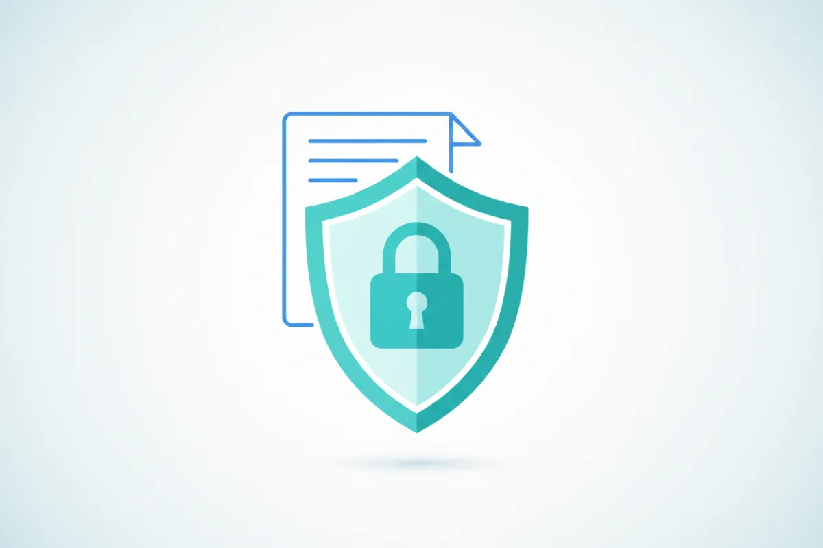 Minimalist vector illustration of a secure lock and shield overlaying a document, symbolizing trust and data protection.