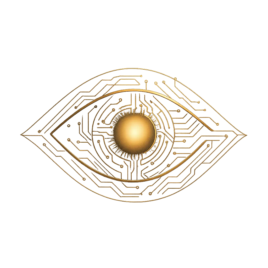 Abstract AI eye motif constructed from glowing metallic gold geometric lines
