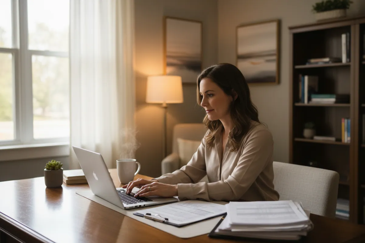 SLP practice owner working at a desk in a calm clinic setting