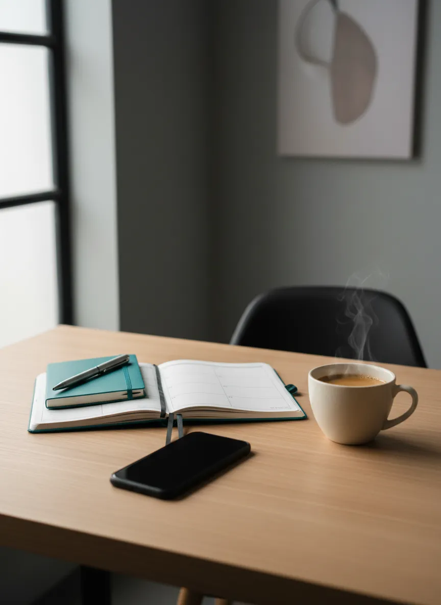 A serene but busy workspace with a neat desk, phone, and planner, illustrating organized systems over chaos.