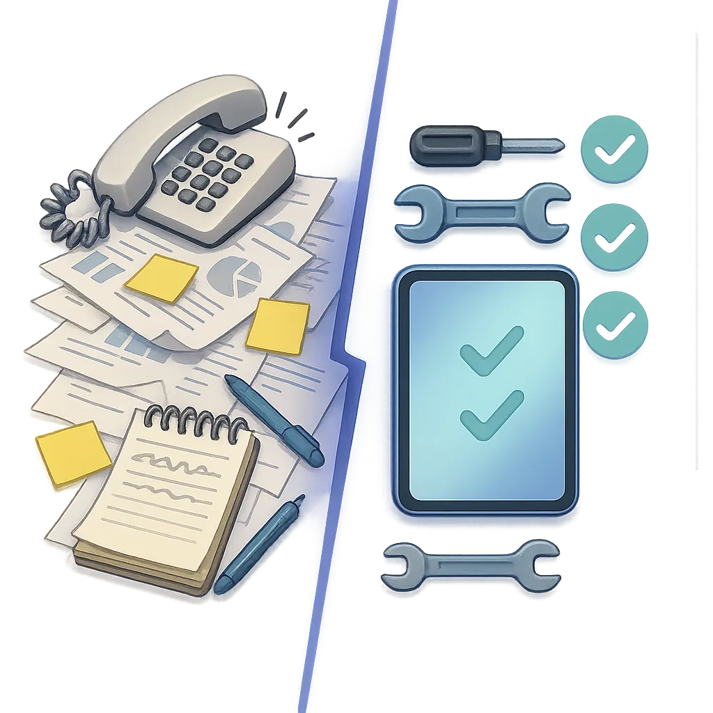 A service business owner overwhelmed by disorganized paperwork and constant phone calls