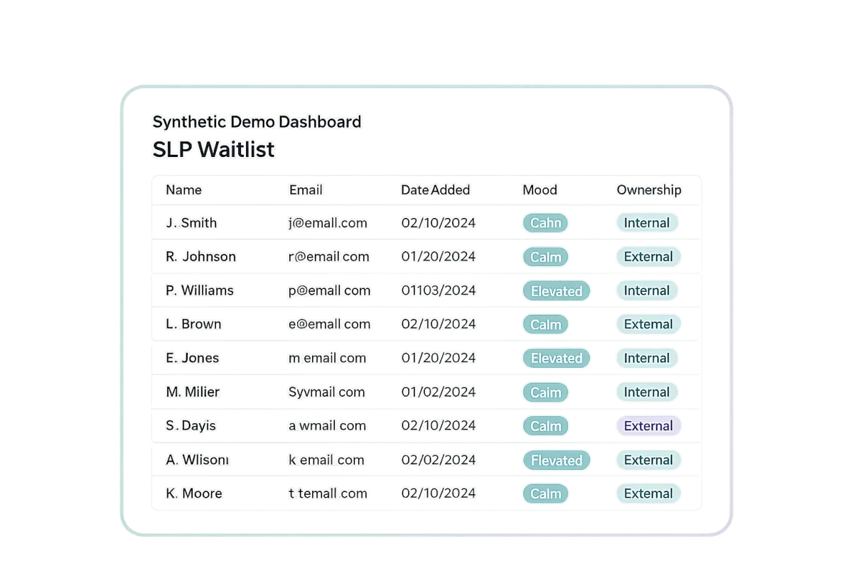 Synthetic Demo Dashboard showing an organized SLP waitlist with abbreviated names and status pills