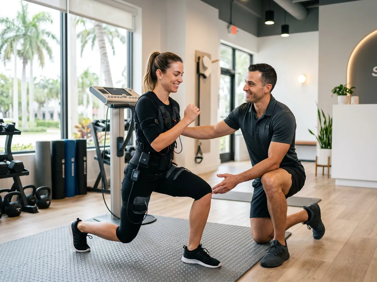 Trainer coaching a client in an EMS suit inside a Boca Raton studio