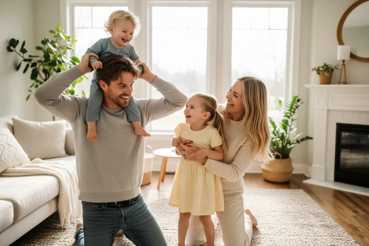 Happy white family in their 20s with two young children