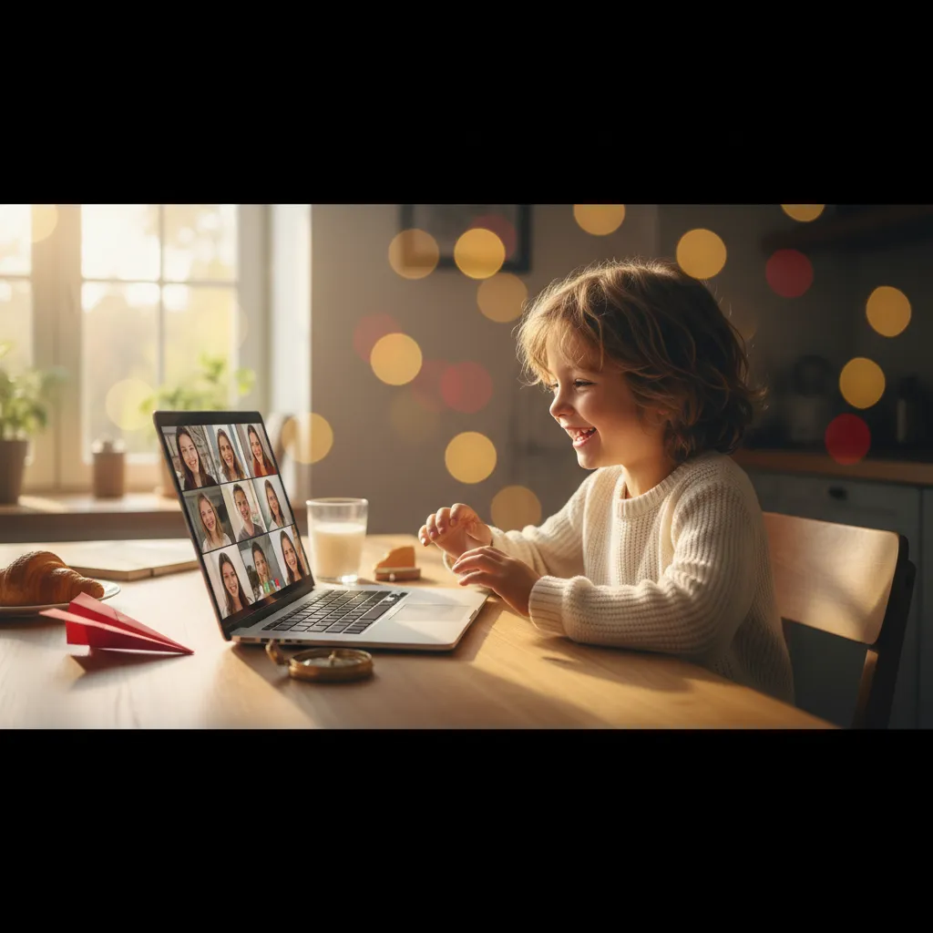 Child happily learning German on a laptop near a sunny window