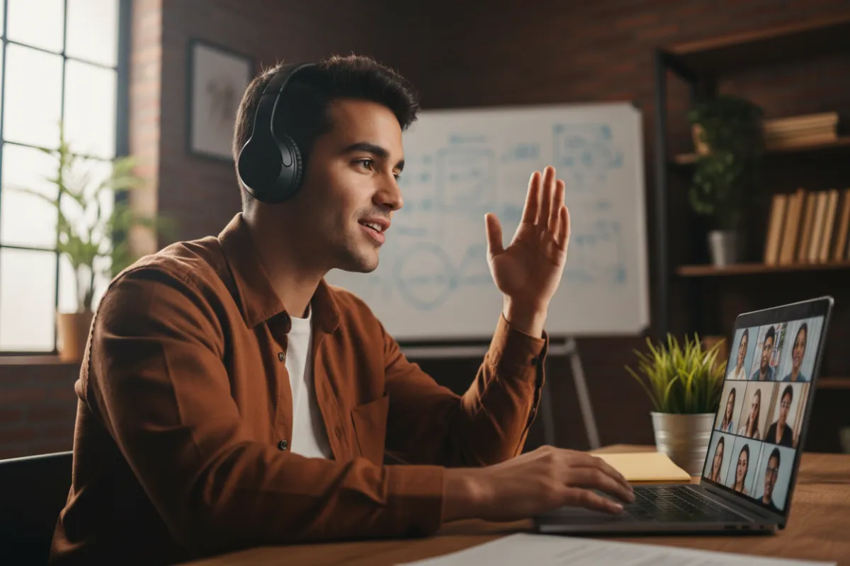 Joven hispanohablante participando activamente en una clase en línea de inglés, con auriculares y expresión confiada.