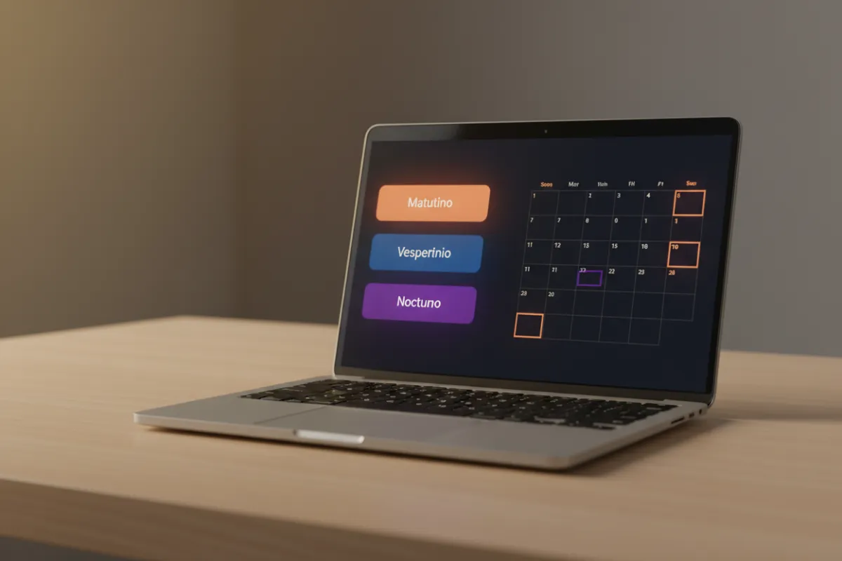 Tabla visual con calendario y franjas horarias en laptop abierta sobre mesa minimalista, mostrando opciones Matutino, Vespertino, Nocturno.