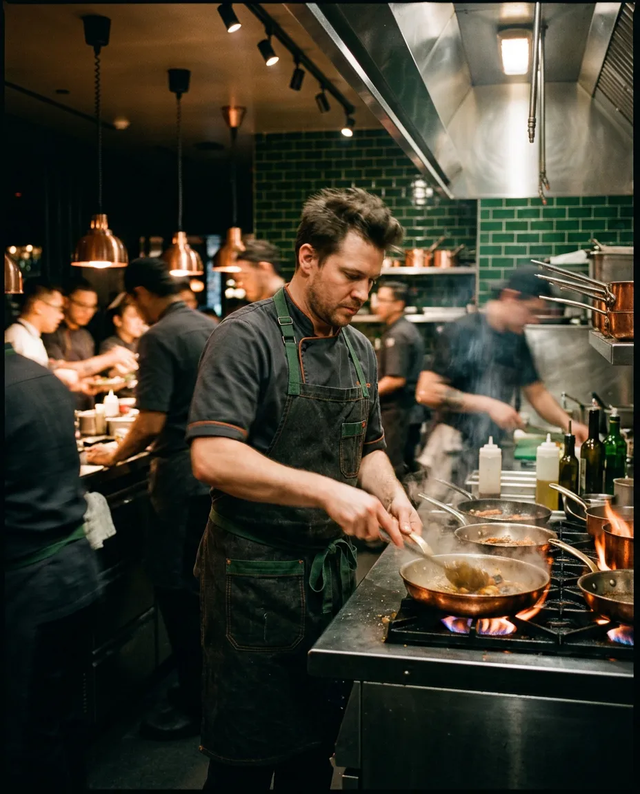 Intense atmosphere in a commercial restaurant kitchen during peak dinner service