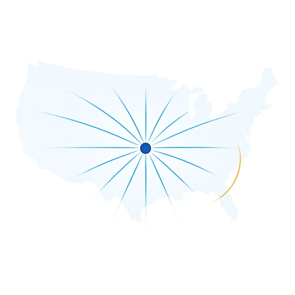 A subtle vector path background showing a stylized map node at Kansas City with radiating lines expanding outward toward a faded US map silhouette