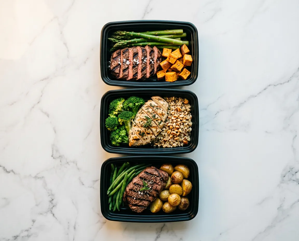 Gourmet, chef-prepared MacroFit meals packaged in premium containers with measured lean proteins, complex carbs, and fresh greens