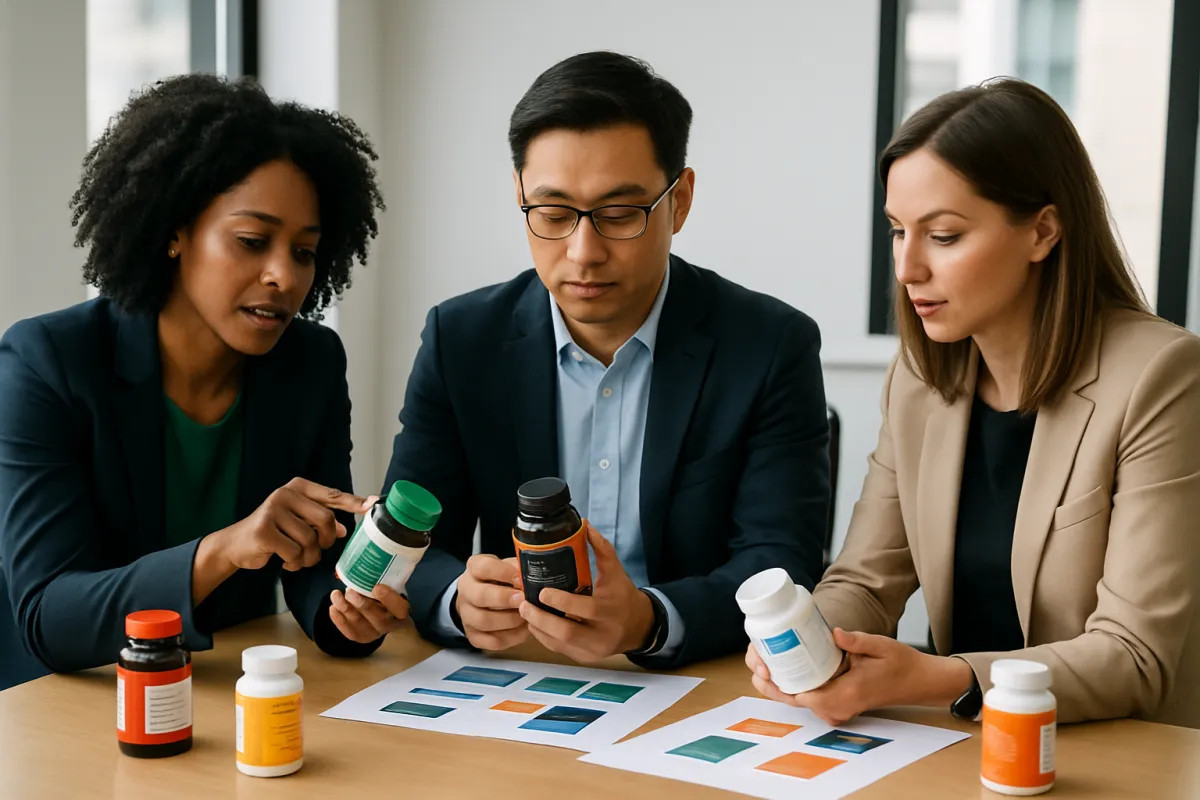 Product managers from diverse supplement brands reviewing prototypes and label concepts around a conference table