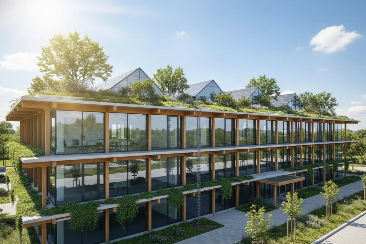 Eco-friendly building with solar panels and green rooftop garden