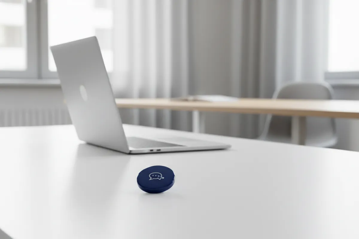 A close-up of a navy blue button labeled 'Request a Consultation' on a pristine white desk, with a blurred background of a modern office and a laptop, symbolizing a seamless, professional call to action in a consulting context.