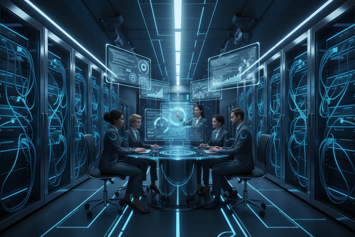 A high-tech server room with glowing blue fiber-optic cables, transparent screens displaying network analytics, and a diverse team of IT professionals collaborating. The environment is sleek, futuristic, and filled with digital light effects, emphasizing security and innovation.