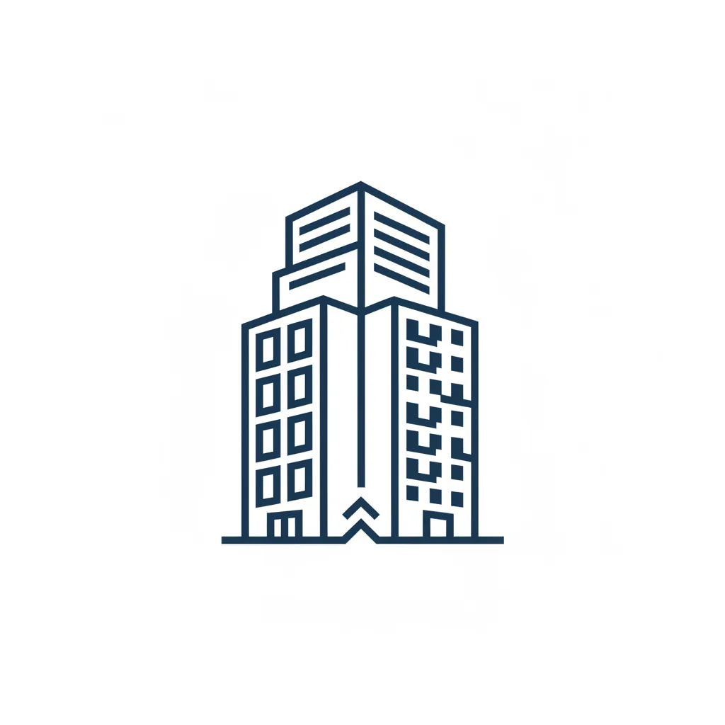 A minimal, outlined icon of a modern office building, rendered in navy blue on a white background, symbolizing commercial and residential construction.