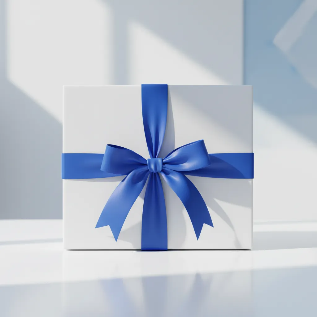 A gift box with a blue ribbon, set on a white table, representing a reward being given for a successful referral.