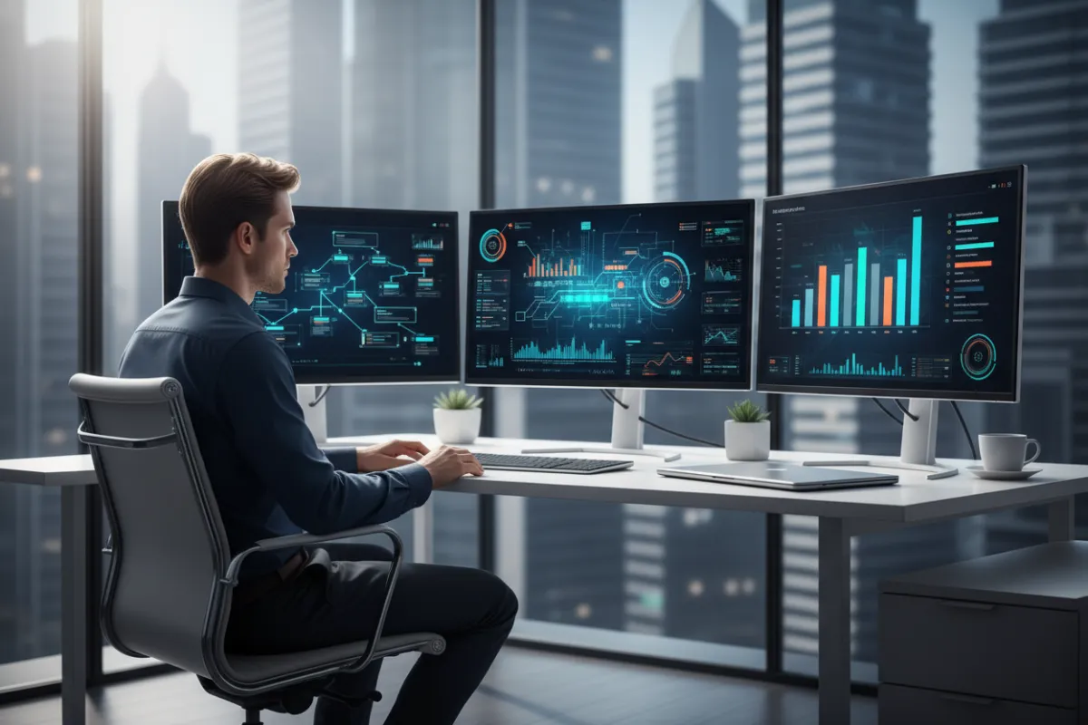 A modern boardroom with a diverse group of executives reviewing digital dashboards and strategic plans on large interactive displays. The setting is bright, with blue accent lighting and a cityscape visible through glass walls, symbolizing forward-thinking leadership.