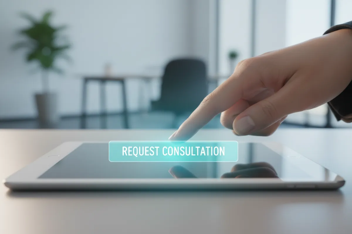 A professional's hand clicking a digital 'Request Consultation' button on a tablet, with a blurred office background and soft blue lighting.