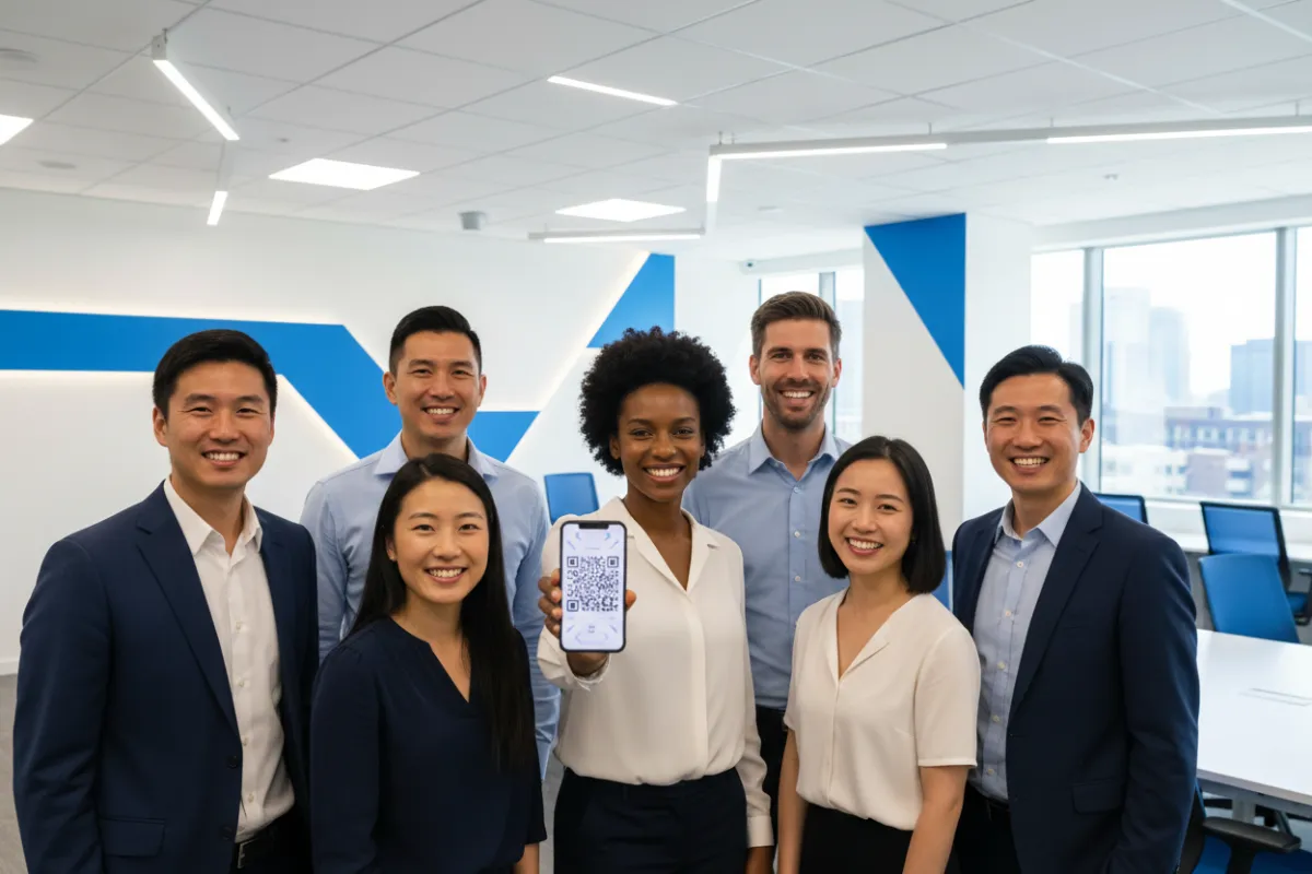 A diverse group of smiling clients, one holding a phone displaying a referral code, standing in a bright, modern office with blue accents. The group appears enthusiastic and connected, representing a professional, friendly atmosphere.