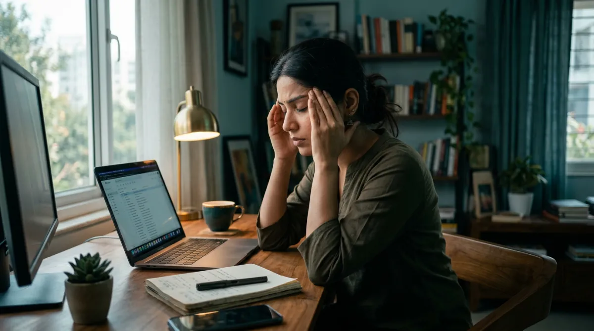 Indian woman experiencing 3pm afternoon energy slump at desk