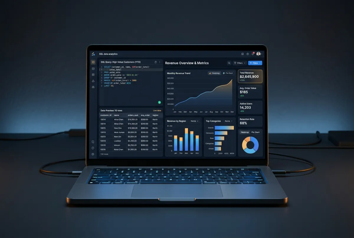 Laptop mockup illustrating SQL database querying, analytics dashboards, and data metrics