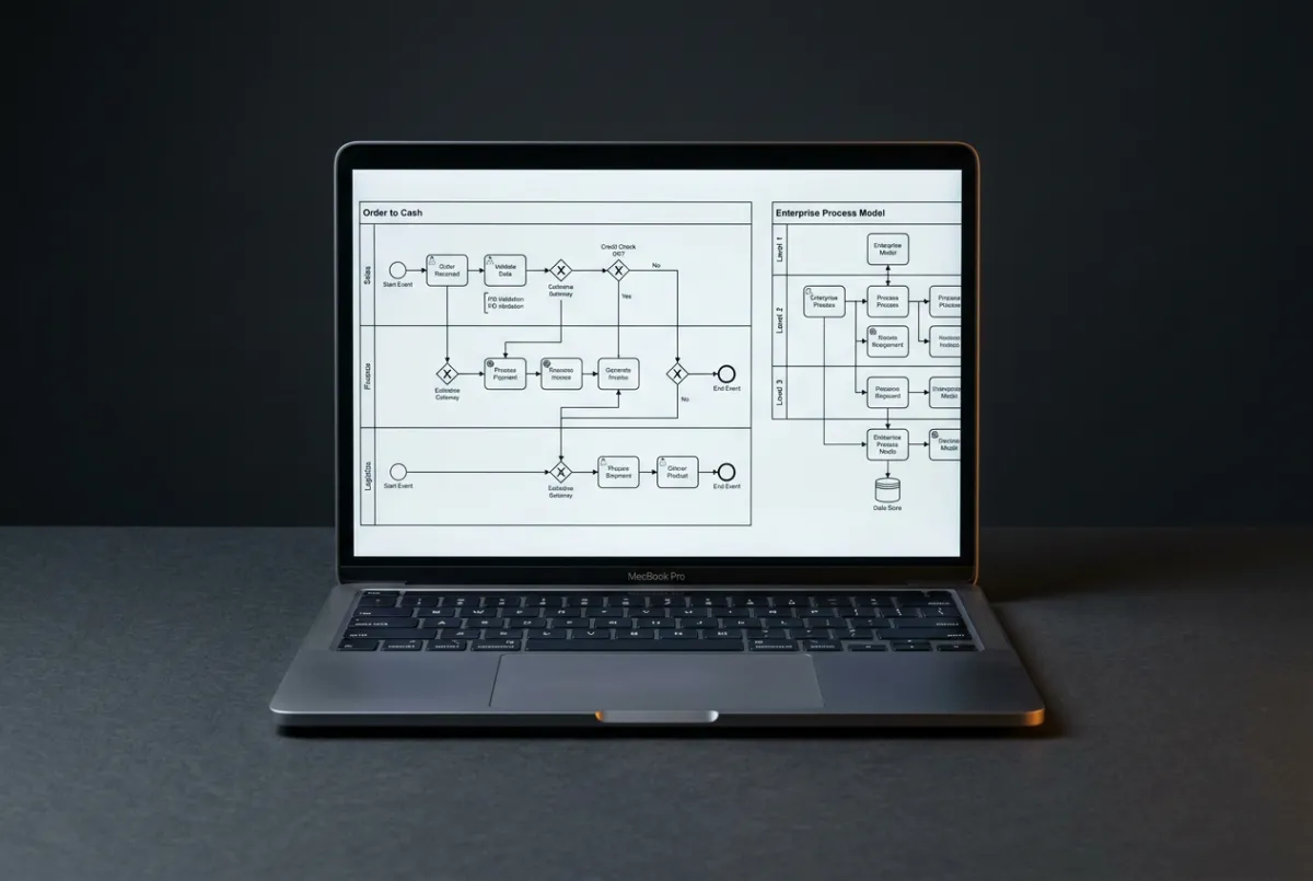Laptop mockup displaying BPMN 2.0 workflow diagrams and enterprise process models
