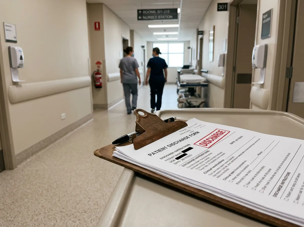 Hospital discharge papers in a corridor, labeled DISCHARGE